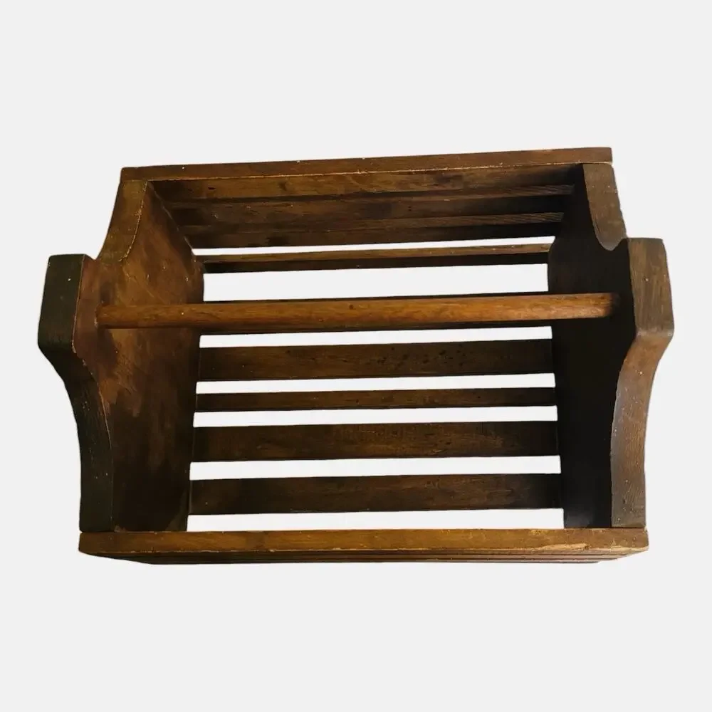 Vintage Primitive Wood Carrying Basket/Box With Handle Slatted Sides Country